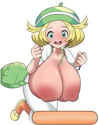 areolae bianca_(pokemon) blonde_hair blush breasts_bigger_than_head card_edit cleavage clothed dress edit female fists_clenched gigantic_breasts green_eyes hands_up happy hat huge_areolae huge_breasts mostly_clothed nipples open_mouth pokemon pokemon_bw purse shirt shoes skirt socks teasing twixbartrix watch