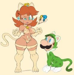 ! 1boy 1girls ? all_fours bell blue_eyes breasts cat_daisy cat_ears cat_luigi cat_outfit cat_tail coller crown duo ear_piercing facial_hair felicia_(darkstalkers)_(cosplay) female flower_earrings freckles green_catsuit hourglass_figure legwear looking_at_breasts luigi male mario_(series) moustache nintendo orange_hair princess princess_daisy purple_yoshi_draws royalty standing strapless_bra sweat sweating tail tan tanline underboob voluptuous voluptuous_female wide_hips