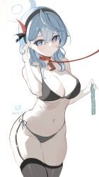 absurdres ako_(blue_archive) animal_collar bikini black_bikini black_hairband blue_archive blue_eyes blue_hair blue_halo breasts cleavage collar condom condom_wrapper female gehenna_academy_student grey_thighhighs hairband halo highres large_breasts leash looking_at_viewer lvbing medium_hair prefect_team_(blue_archive) side-tie_bikini_bottom simple_background solo swimsuit thighhighs white_background