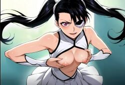 ai_generated black_hair bleach exposed_breasts exposed_chest eyepatch half-dressed holding_breast leaning_forward loly_aivirrne medium_breasts purple_eyes simple_background skirt twintails