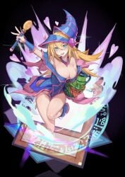 bare_shoulders between_legs blonde_hair blue_hat blush blush_stickers closed_mouth collarbone dark_magician_girl duel_monster female fingernails green_eyes grey_background hair_between_eyes hat heart highres holding holding_wand kneeling long_hair looking_at_viewer magic_circle off_shoulder pentagram pot pot_of_greed red_cucumber shiny_skin simple_background smile solo tongue tongue_out wand yu-gi-oh!