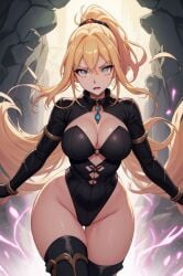 ai_generated black_clothing blonde_hair blue_eyes cleavage collar ponytail sleeves thighhighs wide_hips