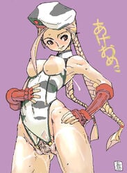 ahoge beret braid breastless_clothes breasts cammy_white capcom censored clothes female female_only hat human kasukabe pussy pussy_juice see-through solo spread_pussy straight_hair street_fighter street_fighter_iv tied_hair tongue twin_braids twintails