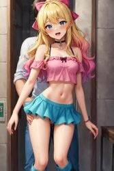 1boy actualtrashhuman ai ai_generated bare_midriff blonde_hair clothed_sex crop_top female flat_stomach groin implied_penetration implied_sex midriff miniskirt navel pleated_skirt public_sex skirt slutty_outfit standing_sex stealth_sex