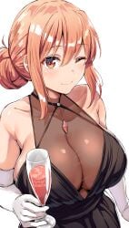 1girls alcohol artist_name bare_shoulders belko black_dress blush breasts brown_eyes brown_hair cleavage collarbone cup dated dress drinking_glass elbow_gloves gloves hair_bun hi_res highres huge_breasts looking_at_viewer mature_female my_teen_romantic_comedy_snafu one_eye_closed see-through_cleavage see-through_clothes see-through_dress sideboob sidelocks simple_background smile twitter_username white_background white_gloves wine wink yuigahama_yui's_mother