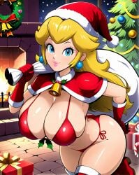 ai_generated bell bikini bikini_top blonde_hair blue_eyes christmas christmas_outfit christmas_tree fireplace gloves large_breasts long_hair looking_at_viewer mario_(series) presents princess_peach sack santa_hat stable_diffusion wreath