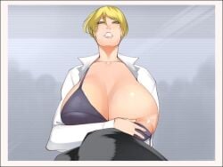 1girls big_breasts blonde_hair blue_eyes breasts busty clothed curvaceous female huge_breasts karasumiya king_(snk) king_of_fighters light-skinned_female light_skin long_sleeves pale-skinned_female pale_skin pants shirt short_hair voluptuous voluptuous_female white_shirt