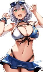 1girls artist_name bare_shoulders belko bikini bikini_top blue_skirt blush breasts cleavage dated female_focus green_eyes hi_res hololive large_breasts looking_at_viewer navel open_mouth shirogane_noel short_hair skirt solo teeth tongue upper_teeth_only virtual_youtuber white_background white_hair