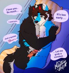 anthro canid canine canis dantalos demon duo erection genitals hi_res humanoid_genitalia humanoid_penis hybrid male male_ontop mammal mrdarknesswolf mrdarknesswolf_(character) penis pubes requesting romantic romantic_couple rubbing rubbing_penis sex_request speech_bubble wolf
