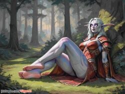 ai_generated armor barefoot blizzard_entertainment elf elf_ears elf_female feet foot_fetish foot_focus gigatsu night_elf purple_skin sole_female soles toes white_hair world_of_warcraft