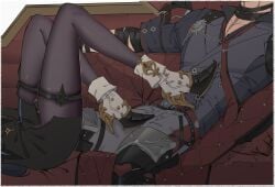 1boy 1girls clorinde_(genshin_impact) female foot_on_crotch foot_on_stomach genshin_impact high_heels legs male male/female pantyhose rchellaa shoes_on stepped_on straight thigh_strap wriothesley_(genshin_impact)