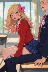 1boy actualtrashhuman ai ai_generated blonde_hair blonde_to_pink_hair blue_skirt classroom clothed_sex female gradient_hair implied_penetration implied_sex long_hair long_sleeves miniskirt plaid_skirt pleated_skirt public_sex sailor_collar school_desk school_uniform schoolgirl sitting_on_another sitting_on_chair sitting_on_lap sitting_on_person skirt slender_body slender_waist slut two_tone_hair wavy_hair