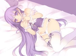 1boy blush bow_panties censored choker corset crossdress crossdressing cum femboy frilled_panties frilled_thighhighs frills happiness human human_only kashiwamochi_yomogi legs lingerie little_penis long_hair lying male male_only on_side panties penis penis_in_panties precum purple_eyes purple_hair see-through solo solo_male thighhighs very_long_hair watarase_jun white_panties white_thighhighs