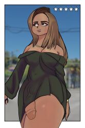 2024 alternate_version_available background black_dress breasts brown_hair bulge clothed clothing dick dickgirl digital_media_(artwork) dress futa_only futanari grand_theft_auto grand_theft_auto_vi high_resolution highres large_penis latina latina_futa lucia_(gta) mole outdoors penis penis_out skirt solo solo_futa standing tan_body tan_fur thick thick_thighs veiny_penis