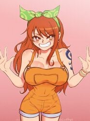 1girls clothed large_breasts nami one_piece orange_eyes orange_hair overalls solo tattoo