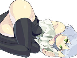 black_legwear black_pantyhose blush bottomless censored clothing green_eyes grey_hair hips namaeha_(pixiv77217) no_panties pomelocandy pussy sanya_v_litvyak short_hair stockings strike_witches thighhighs wide_hips