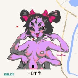 5_eyes 6_arms anthro arachnid areola arthropod black_eyes black_hair bow_ribbon breasts female gesture hair hand_gesture humanoid medium_breasts muffet multi_arm multi_eye multi_limb nipples purple_areola purple_body purple_nipples purple_skin solo spider tongue tongue_out undertale undertale_(series) unknown_artist v_sign wplace_(artwork)