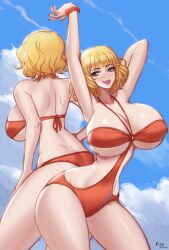 1girls blonde_hair front_view large_breasts one_piece rear_view solo stussy_(one_piece) swimwear thick_thighs