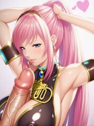 1boy1girl ai_generated arm_band armpits blue_eyes cleavage cleavage_cutout earrings erect_nipples grabbing_hair hair_grab hairband heart large_breasts large_penis megurine_luka paizuri penis penis_on_breast pink_hair pony_diffusion_xl ponytail simple_background solo_focus very_long_hair vocaloid