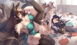 3girls amagi_(cv)_(azur_lane) amagi_(cv)_(throne_of_fallen_petals)_(azur_lane) animal_ears animal_hands asymmetrical_horns atago_(azur_lane) atago_(full_moon's_feral_wolf)_(azur_lane) azur_lane black_hair breasts brown_hair cleavage dog_ears dress elbow_gloves fox_ears fox_girl fox_tail gainoob gloves green_dress grey_hair hakuryuu_(azur_lane) hakuryuu_(slice_dice_and_serve)_(azur_lane) highres horns kitsune large_breasts long_hair lying manjuu_(azur_lane) mismatched_horns multiple_girls multiple_tails official_alternate_costume on_back paw_gloves purple_eyes red_horns sideboob sword tail thighhighs thong torn_clothes tribadism tribadism_through_clothes underboob weapon white_horns wrist_cuffs yuri