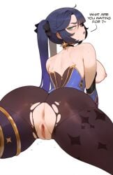 ahoge ai_generated annoyed_expression anus areolae ass ass_focus black_leotard blue_hair breasts_out_of_clothes collar dark_blue_hair earrings english_commentary erect_nipples exposed_ass exposed_breasts exposed_chest exposed_nipples exposed_vagina female from_behind functionally_nude genshin_impact green_eyes hair_ornament highres honkibooty jitoryomaster leotard long_hair looking_at_viewer looking_back looking_back_at_viewer mona_(genshin_impact) no_bra offering_sex offering_to_viewer open_mouth pantyhose plump_ass presenting presenting_ass presenting_hindquarters presenting_self presenting_vagina pussy pussy_juice revision round_ass round_butt seducing seducing_viewer seductive seductive_body seductive_look seductive_pose seductive_woman shirt simple_background solo speaking speaking_to_viewer thick_thighs third-party_edit torn_clothes torn_pantyhose twintails uncensored upper_teeth v-shaped_eyebrows vaginal_juices viewed_from_behind white_background