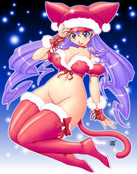 animal_ears boots breasts bustier cat_ears cat_tail catgirl christmas cute fingerless_gloves front-tie_top gloves high_heels kenix large_breasts lingerie long_hair mound_of_venus original purple_eyes purple_hair pussy santa_costume shoes straight_hair tail thigh_boots thighhighs uncensored underwear very_long_hair