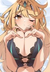 2024 belly belly_button big_breasts blonde_female blonde_hair blonde_hair_female bra breasts breasts_bigger_than_head cleavage heart_symbol huge_breasts humongous_breasts jewelry long_hair mikanzyai mythra tagme tagme_(artist) tits_bigger_than_head tummy twitter underwear xenoblade_(series) xenoblade_chronicles_2 yellow_eyes