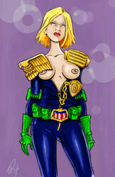 1girls 2000_ad blonde blonde_hair blue_eyes breasts breasts_out cassandra_anderson facing_viewer feet_out_of_frame female female_focus female_only judge_anderson judge_dredd_(franchise) looking_at_viewer nipples parted_bangs pink_background short_hair simple_background solo standing zipper_pull_tab