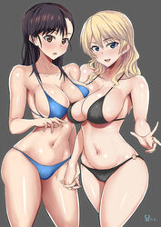 2girls artist_name bikini black_bikini black_eyes blonde_hair blue_bikini blue_eyes breasts brown_eyes cowboy_shot curvy darjeeling dated girls_und_panzer grey_background hair_down hand_holding highres large_breasts long_hair looking_at_viewer mordeth multiple_girls navel nishi_kinuyo o-ring_bikini o-ring_bottom open_mouth simple_background smile swimsuit thighs tied_hair wide_hips