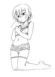 bra flat_chest jason_(kaiten_kussaku_kikou) kneeling lingerie lucky_star minami_iwasaki monochrome panties thighhighs underwear