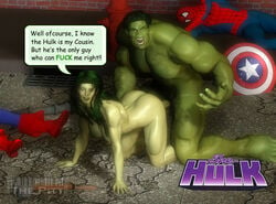 3d 3d_(artwork) avengers breasts cousins dialogue doggy_style english_text female green_hair green_skin hulk hulk_(series) incest male marvel marvel_comics muscular_female muscular_male nipples nude_female nude_male she-hulk speech_bubble spider-man spider-man_(series) straight_hair talking_to_viewer text the_pitt unconscious