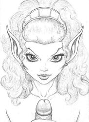 big_eyes detailed elf elfquest erect_penis face_focus female greyscale handjob holding_penis humanoid_penis joachim_persson leetah light_skin long_ears long_hair looking_at_viewer male medium_hair monochrome nude penis pointy_ears realistic solo_focus straight the_magician tiara wavy_hair