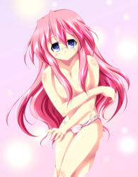 blush breast_hold breasts cleavage glasses ka2 long_hair lucky_star miyuki_takara navel panties pink_hair striped striped_panties thighs topless underwear