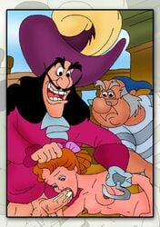 1girls 2boys bow captain_hook clothing cum disney disney_villains glasses mr._smee nipples oral_sex penis peter_pan_(disney) wendy_darling yaoinami