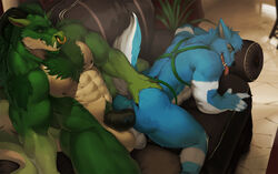 2boys abs anal anal_sex anthro anthro_on_anthro anus areola ass balls barazoku beige_skin biceps blue_eyes blue_fur bovine canine cattle claws facial_piercing fangs from_behind_position fur furry furry_only gay green_eyes green_skin hair hand_on_butt harness horn hybrid inside kristakeshi long_hair looking_back looking_down lying male male_only mammal manly muscular navel nipples no_humans nose_piercing nose_ring nude on_front pecs penetration penis piercing presenting presenting_anus presenting_hindquarters pubes scalie sex sharp_claws sharp_teeth sitting smile sofa teeth thick_penis thick_thighs tongue tongue_out triceps vein veiny_penis white_fur wolf yaoi