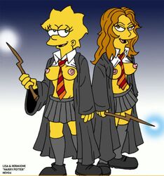 20th_century_studios 2girls accurate_art_style bad_anatomy breasts breasts_out crossover english_text female female_only gryffindor gryffindor_tie harry_potter hermione_granger hogwarts_robe human kneehighs lisa_simpson multiple_females multiple_girls nev robe shirt skirt text the_simpsons thighhighs wand witch_(harry_potter) yellow_body yellow_skin