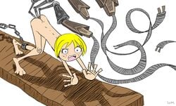 4chan blonde_hair blue_eyes drawn-chan leg_shackle naked shackled_leg short_hair som tagme yellow_hair