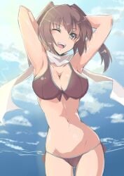 1girls 2d 2d_(artwork) 2d_artwork arm_behind_head armpit armpit_crease armpit_focus armpit_peek armpits arms_behind_head bare_armpits bare_arms bare_belly bare_chest bare_hands bare_hips bare_legs bare_midriff bare_navel bare_shoulders bare_skin bare_thighs belly belly_button big_breasts bikini bikini_bottom bikini_only bikini_top blue_sky breasts brown-eyed_female brown-haired_female brown_bikini brown_bikini_bottom brown_bikini_top brown_eyebrows brown_eyes brown_hair brown_swimsuit brown_swimwear busty busty_female busty_girl cleavage clouds collarbone curvaceous curvaceous_body curvaceous_female curvaceous_figure curvaceous_hips curvy curvy_body curvy_female curvy_figure curvy_hips day daylight daytime digital digital_art digital_drawing digital_drawing_(artwork) digital_media digital_media_(artwork) elbows exposed_armpits exposed_arms exposed_belly exposed_chest exposed_hips exposed_legs exposed_midriff exposed_navel exposed_shoulders exposed_skin exposed_thighs eye_closed female female_focus female_only groin hair_between_eyes hairless_armpits hand_behind_head hands_behind_head head_tilt high_resolution highres hourglass_figure inguinal_crease inguinal_ligament kantai_collection large_boobs large_breasts lean_figure linea_alba long_hair looking_at_viewer midriff narrow_waist navel one-eye_closed one_eye_closed one_eye_open open_mouth open_mouth_smile parted_lips posing posing_for_the_viewer presenting_armpit saisarisu sendai_(kantai_collection) shaved_armpits shoulders sky slender_body slender_waist slim_waist smile smiley_face smiling smiling_at_viewer solo standing stomach string_bikini swimsuit swimwear thigh_gap thighs tilted_head tongue two_side_up upper_body upper_teeth wide_hips
