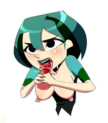 black_hair blue_hair green_hair gwen_(tdi) short_hair sucking teal_hair teal_lipstick total_drama_island