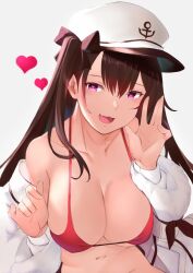 1girls azur_lane belly belly_button big_breasts bikini bikini_top black_hair_ribbon black_hair_tie black_ribbon breasts brown-haired_female brown_eyebrows brown_hair busty busty_female busty_girl cap coat dangling_breasts female female_only hair_ribbon hair_tie halterneck hanging_breasts head_tilt heart-shaped_pupils heart_eyes jacket large_boobs large_breasts navel nipple_bulge off_shoulder one_side_up open_coat open_jacket open_mouth open_mouth_smile pamiat_merkuria_(azur_lane) parted_lips purple-eyed_female purple_eyes red_bikini red_bikini_top red_swimsuit red_swimwear ribbon saisarisu smile smiley_face smiling smiling_at_viewer stomach string_bikini swimsuit swimwear tilted_head tongue white_background white_coat white_jacket