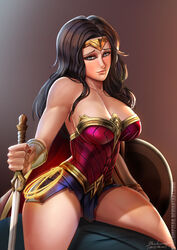 1girls amazon amazonian armor artist_name badcompzero bare_shoulders black_hair blue_eyes blush bracelet breasts cleavage covered_breasts dc_comics diana_prince female female_only hips holding_sword jewelry justice_league large_breasts lasso lasso_of_truth legs long_hair looking_at_viewer nail_polish open_mouth shield signature skirt smile solo superhero superheroine sword thighs tiara watermark weapon web_address wonder_woman wonder_woman_(series)