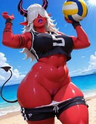ai_generated arm_tattoo ball beach belly black_shorts blue_sky breasts clothes_pull colored_skin day demon_girl demon_horns demon_tail desdemona_(fortnite) female fortnite hair_over_eyes horns large_breasts muscular muscular_female navel ocean outdoors panties panties_down panty_pull plump pointy_ears purple_lips pussy red_skin shorts shorts_down shorts_pull sky solo sportswear tail tattoo thick_thighs thighs uncensored underwear volleyball volleyball_uniform white_hair white_panties wristband