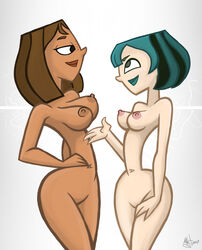 2girls breasts chocolate_and_vanilla courtney_(tdi) dark-skinned_female freckles goth green_hair gwen_(tdi) hip_grab hips mr._j multiple_girls nude short_hair total_drama_island yuri