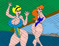 2girls aged_up arms_above_head arms_behind_back arms_up back_view bare_shoulders barefoot big_breasts bimbo black_eyes blonde_hair busty butt_crack caglioro3666 cartoon_network chainlink_fence cleavage curvy dat_ass detailed_background duo erect_nipple erect_nipples eyeshadow female female_only fence freckles hairband hands_behind_back hourglass_figure human leotard lipstick long_hair makeup mandy_(billy_and_mandy) mindy_(tgaobam) multiple_females multiple_girls nipple_bulge no_nose older one-piece_swimsuit open_mouth ponytail pool pose posing red_lipstick short_hair swimsuit the_grim_adventures_of_billy_and_mandy thong tied_hair voluptuous wide_hips yellow_hair yuri