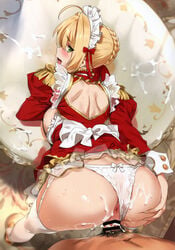 1boy 1girls ass ass_grab big_breasts blonde_hair blush bow cum cum_in_pussy cum_inside cum_on_body cum_on_clothes cumshot doggy_style exposed_ass fate/grand_order fate_(series) from_behind green_eyes looking_back looking_pleasured nero_claudius_(fate) pov shoulder_blades white_panties yang-do