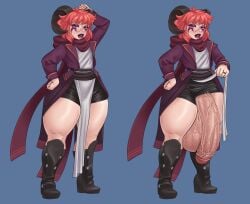 1femboy 2025 balls black_horns boots clariarikari coat color demon demon_horns femboy half-erect hand_above_head huge_cock hung_femboy hung_trap hyper_balls hyper_penis lifting_clothing light-skinned_male light_skin lipstick looking_at_viewer male massive_balls massive_penis massive_thighs orange_hair original_character penis penis_poking_out plump_lips purple_eyes reference_sheet ring scar_on_nose scarf short_male shorts shorts_aside slit_pupils solo_femboy sweat thighs veiny_penis