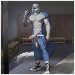 1:1 abs absurd_res anthro awaldkize black_clothing black_footwear black_nose black_shoes blue_body blue_eyes blue_fur blue_tail canid canine clothed clothing electronics erection footwear front_view fur genitals glans hair hi_res holding_object holding_phone humanoid_genitalia humanoid_penis inside jockstrap locker_room looking_at_viewer male male_anthro mammal mostly_nude muscular muscular_anthro muscular_male narrowed_eyes nipples pecs penis phone pink_glans pink_nipples shoes short_hair smile solo standing tail topless underwear vein veiny_penis white_body white_fur white_hair white_penis white_tail