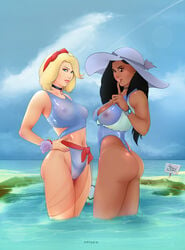 2d 2girls alternate_costume alternate_hairstyle ana_amari arteria artist_name ass bikini bikini_bottom bikini_top black_hair blizzard_entertainment blonde_hair blue_eyes blue_sky bracelet breasts brown_hair captain_amari cleavage dark-skinned_female dark_skin dat_ass eye_of_horus facial_tattoo female female_only flower hair_ornament hairband hat highleg highleg_leotard highres human jewelry large_breasts leotard long_hair mercy midriff multiple_girls nail_polish navel nipples overwatch see-through signature sky standing swimsuit tattoo younger