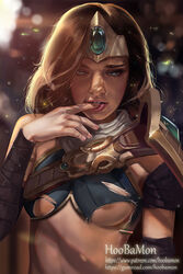 1girls areola_slip areolae armor artist_name belly belt black_hair blue_eyes breasts brown_hair covered_breasts crown damaged erect_nipples female female_only finger_in_mouth green_eyes high_resolution hoobamon human jewelry league_of_legends lips long_hair looking_at_viewer navel nipple_bulge nipples patreon patreon_username pauldron realistic sivir small_breasts solo tagme tiara tongue tongue_out torn_clothes upper_body vambraces watermark web_address