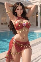 ai_generated armlet armpits arms_behind_head brown_hair dancer dancer_outfit earrings forehead_jewelry gem indian indian_clothes indian_female jewelry long_hair narrow_waist poolside rgomez007 sarong stable_diffusion thighlet traditional_clothes